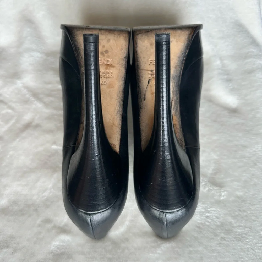 Fendi Fendista Black Leather Heels Platform Gold Logo Size 40 EU US 10 - Picture 10 of 12